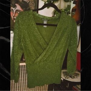 Hillard & Hanson Metallic Green Wrap-Style Women's Top